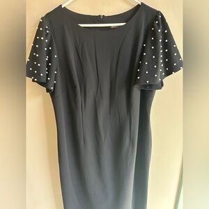 Glamour Black Midi Dress with Pearl-Studded Flutter Sleeves